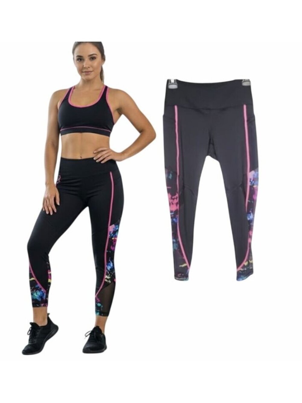 ⭐Fila Sport Sz S Black Athletic sport Leggings Pink Purple Mesh Trim Pockets New